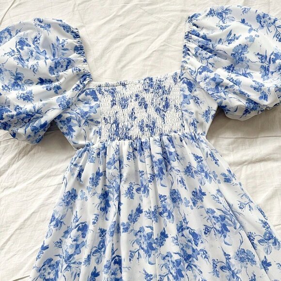 Blue and White Boho Women's Holiday U-Neck Bubble Sleeve A-Line Floral Dress - Picture 4 of 5